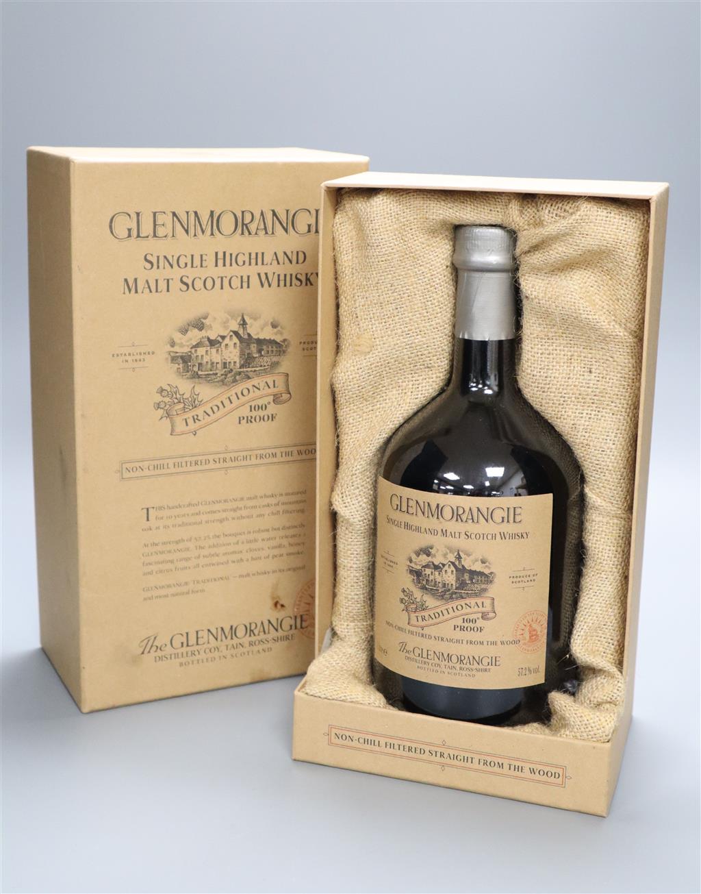 A bottle of Glenmorangie 10 years old Traditional 100% proof Single Highland Malt Whisky, 1lt, boxed